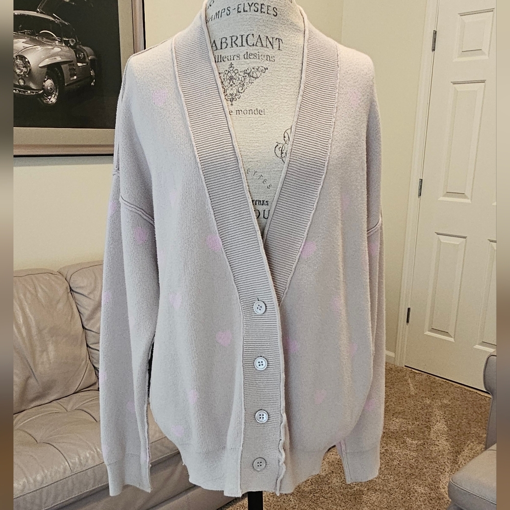 Spritual Gangster Tan & Pink Heart Cargidan Sweater M EUC-Retail $198-zara-h&m